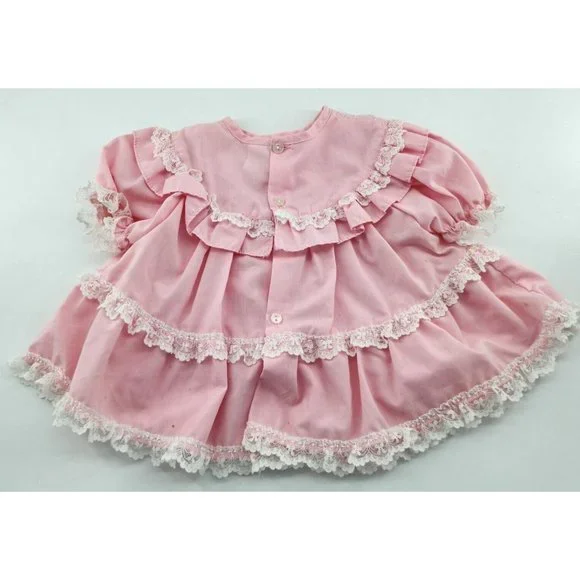 Vtg Baby Girls Pink Tiered Ruffle White Lace Trim Dress/Bloomers RN 50255 Sz 18M - Picture 7 of 16